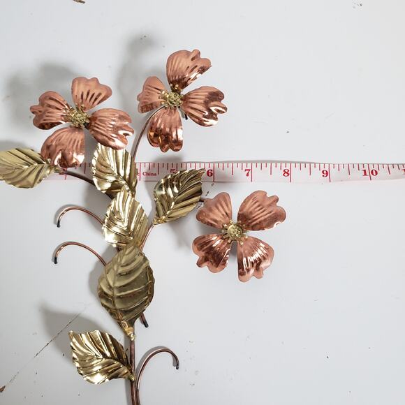 Vintage Metal Floral Wall Decor Brass & Copper Dogwood Flower Leaf MCM Set Of 4 - Picture 8 of 11